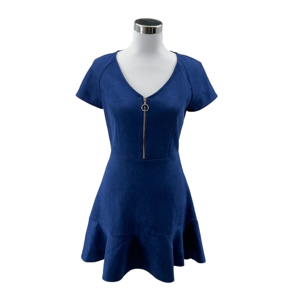 Rosie Harlow Dress Womens M Navy Faux Suede Short Sleeve Peplum Hem V Neck Zip